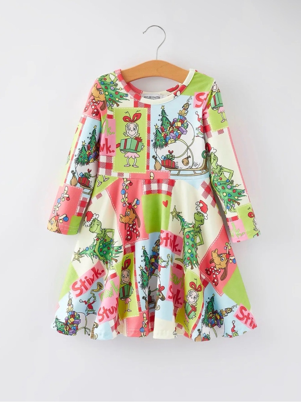 Rylee Faith Designs Grinch Christmas Character Long Sleeve Twirl Dress